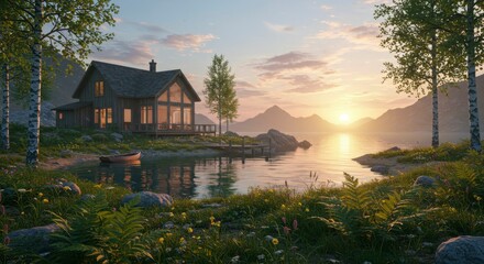 Serene lakeside cabin nestled amidst mountains at sunset.  Warm light reflects on calm water, showcasing idyllic nature scene