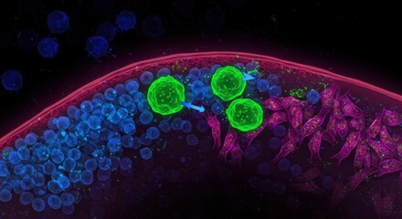 Cellular interaction visualized by fluorescence microscopy. Immune cells interacting with a tissue layer