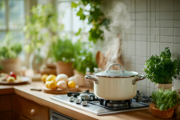 Pot of boiling water sits on a stove