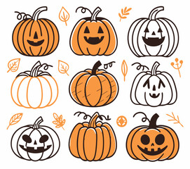 Set of 6 Halloween Pumpkins with Unique Carved Faces – Vector Illustration on White Background

