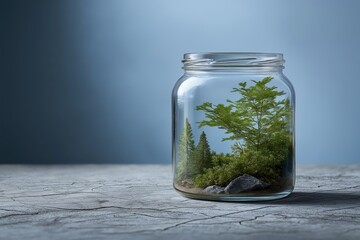 Conceptual Still Life of a Tranquil Green Forest Scene Inside a Glass Jar