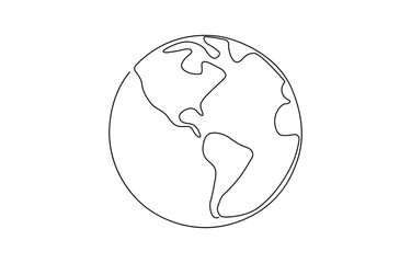 Continuous one line art drawing of earth planet, Globe, geography vector outline,  Single-line drawing of the Earth. Globe in one line style. Vector illustration.