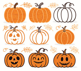 Set of 6 Halloween Pumpkins with Unique Carved Faces – Vector Illustration on White Background

