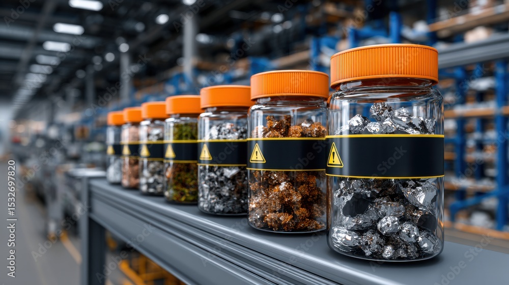 Poster A row of jars with different colored contents on a shelf