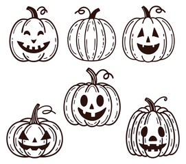 Set of 6 Halloween Pumpkins with Unique Carved Faces – Vector Illustration on White Background

