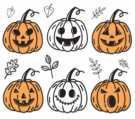 Set of 6 Halloween Pumpkins with Unique Carved Faces – Vector Illustration on White Background

