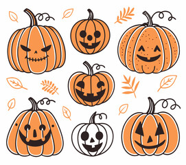 Set of 6 Halloween Pumpkins with Unique Carved Faces – Vector Illustration on White Background

