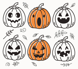 Set of 6 Halloween Pumpkins with Unique Carved Faces – Vector Illustration on White Background

