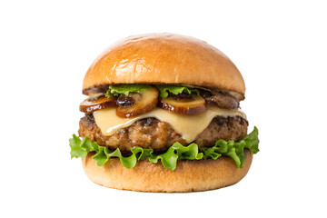 High-quality PNG images of three delicious classic burger, a cheeseburger, and a mushroom burger. Each is isolated on a transparent background, showcasing layers of fresh ingredients 