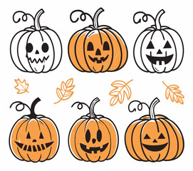 Set of 6 Halloween Pumpkins with Unique Carved Faces – Vector Illustration on White Background

