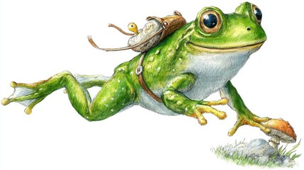 Obraz premium A cheerful frog with a backpack leaps through the air, a mushroom nearby.