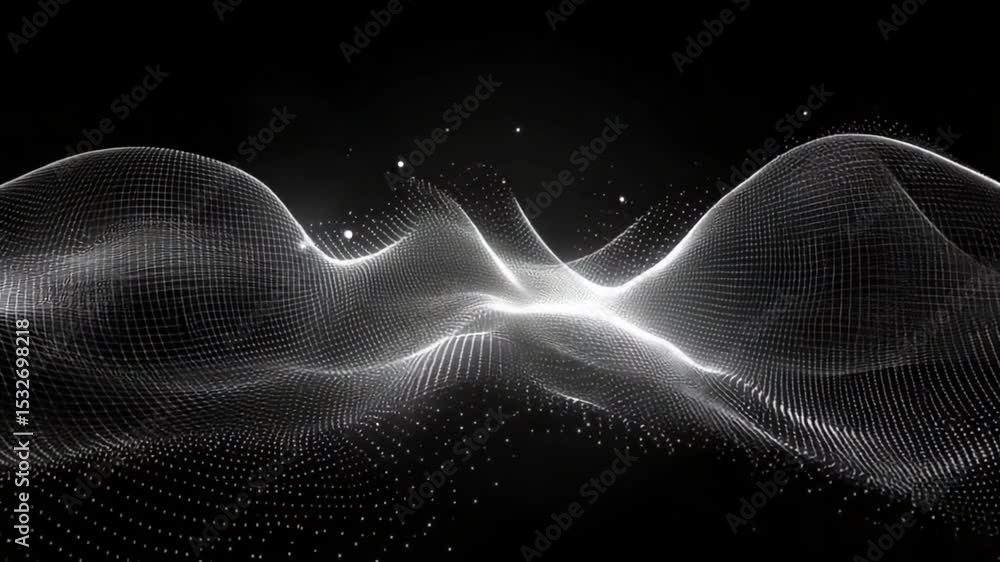 Poster abstract digital wave background with glowing particles in motion on a black backdrop