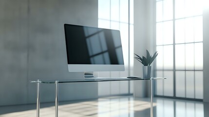 Slim monitor placed on a cantilevered glass table with open floor design and soft daylight coming in