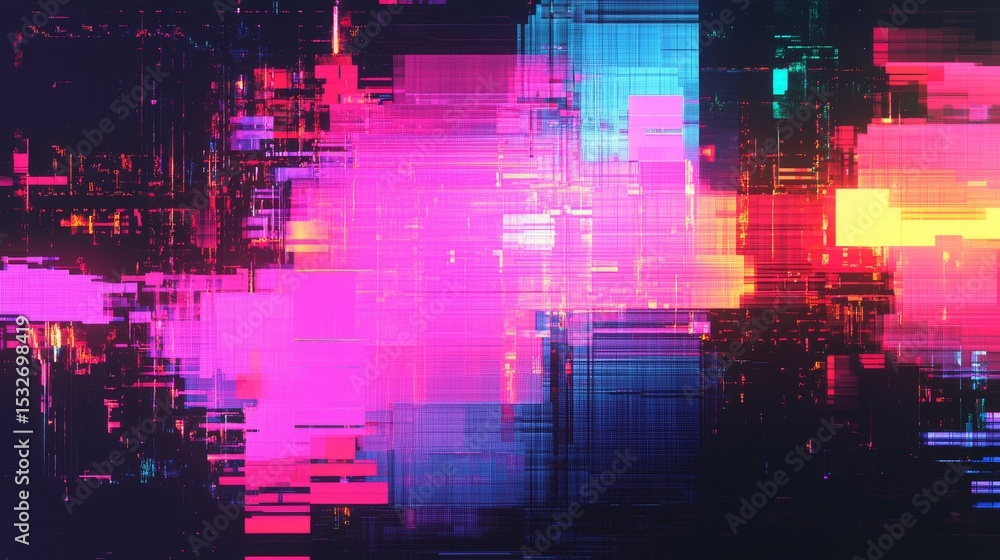 Poster futuristic glitch pixel texture with neon colors on a dark digital background representing advanced 