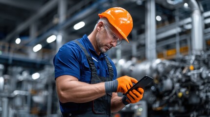 A man in a blue shirt and orange gloves is looking at a cell phone