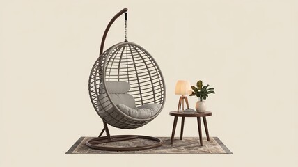 Fototapeta premium a hanging egg chair in a reading corner against a plain white background, next to a wooden table