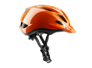 Bright orange bicycle helmet safety gear profile view, Isolated On Transparent Background