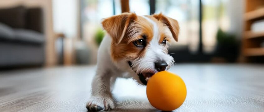 A playful dog chasing a ball in a cozy indoor environment, with soft fur textures and bright, modern colors.