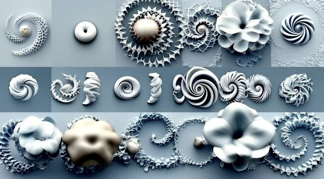 A sequence of 3D interlocking spirals transforming into organic shapes that grow, morph, and dissolve