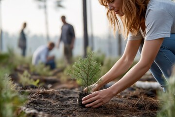 Diverse Group Planting Young Saplings in a Forest with Morning Light
