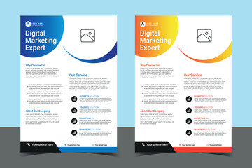 blue and orange digital marketing expert flyers with services list and modern layout design	