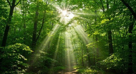 Fototapeta premium Sunlight streams through lush green canopy of trees, creating a serene and beautiful forest scene with bright rays