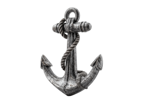 Antique silver anchor with rope nautical decor maritime theme, Isolated On Transparent Background