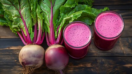 Fresh and vibrant beetroot juice: A healthy beverage presentation on wooden table