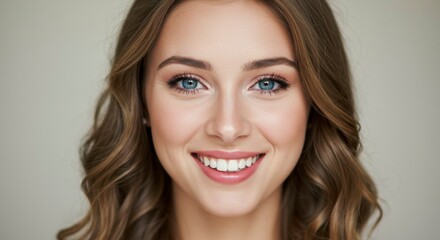 Fototapeta premium A close-up portrait of a smiling woman with long, wavy brown hair and bright blue eyes. Her skin is clear and her teeth are white