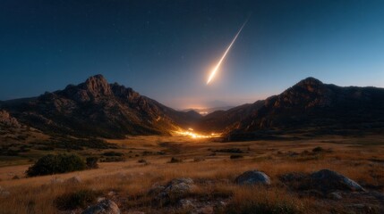 A shooting star is seen in the sky above a vast, empty field