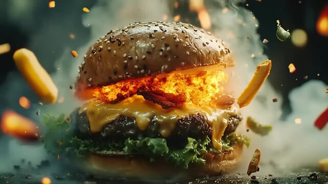 Explosive burger with melting cheese and crispy toppings surrounded by flying ingredients in a smoky background