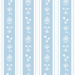 Doodle floral delicate print. Primitive minimalist vector seamless pattern. Delicate flowers and blue stripes.