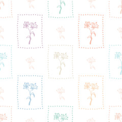 Delicate flowers on a white background. Doodle floral print. Primitive minimalist vector seamless pattern.