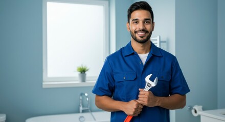 Plumber stands in bathroom holding adjustable wrench