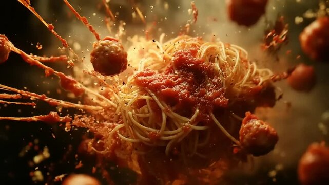 Explosive spaghetti and meatballs in mid-air with sauce splattering, showcasing culinary creativity