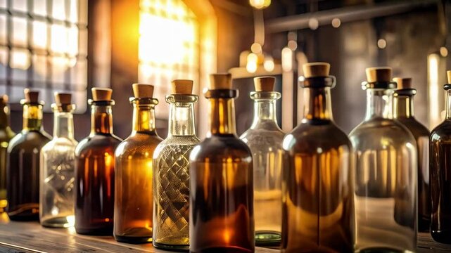 Row of various glass bottles filled with liquid and sealed with corks on a rustic wooden surface in a warm interior setting