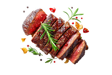 Sliced grilled beef steak with rosemary and pepper isolated on transparent background