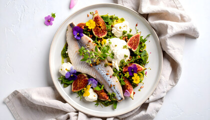 a, trout, fillet, salad, new, modern, closeup, top, view, food, colorful, figs, fig, with, burrata, pesto, green, fish, meal, salad, meat, dish, vegetable, healthy, plate, grilled, gourmet, macro, ad