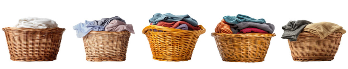 Various laundry baskets with colorful and neutral clothes isolated on transparent background