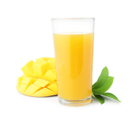 Tasty mango juice in glass and fresh fruit isolated on white