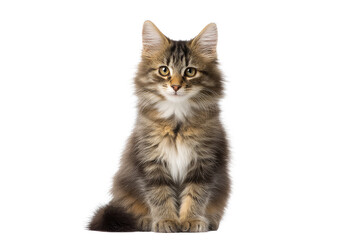 Fluffy brown long haired cat sitting and facing forward isolated on transparent background