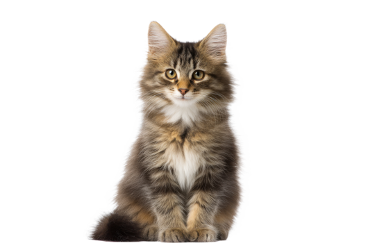 Fluffy brown long haired cat sitting and facing forward isolated on transparent background
