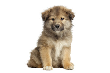 Fluffy puppy sitting and facing forward isolated on transparent background