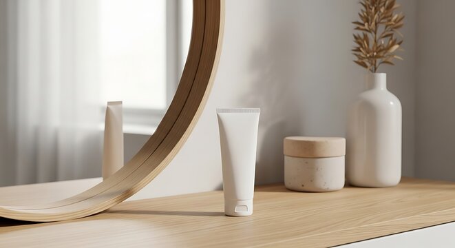 White cosmetic tube on light wooden vanity top