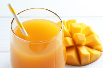 Tasty mango juice in glass and fresh fruit on white table, closeup