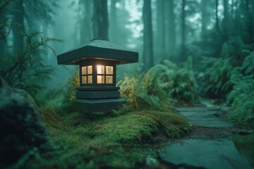 Dramatic Solar Powered Garden Lamp Illuminated in Misty Forest Setting