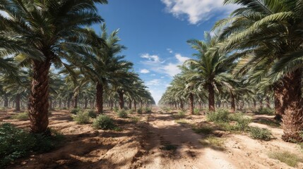 Fototapeta premium A path stretches through a date palm plantation under a blue sky with scattered clouds, creating a symmetrical perspective.