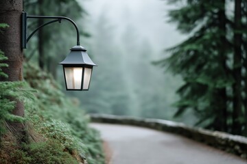 Dramatic Solar-Powered Garden Lamp Illuminating a Forest Pathway in Foggy Setting