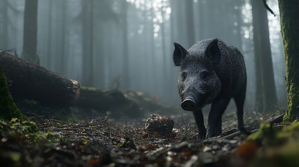 Wild Boar Walking Through Misty Forest Landscape with Fallen Log