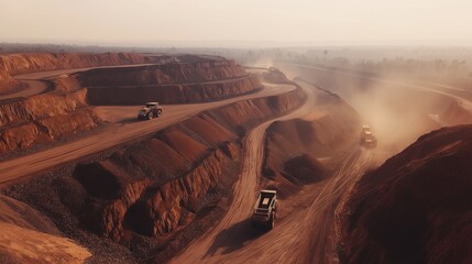 Photo-realistic aerial view of open-pit mining site with heavy machinery, rocky overburden piles, gravel roads, and red soil terrain under hazy natural light
